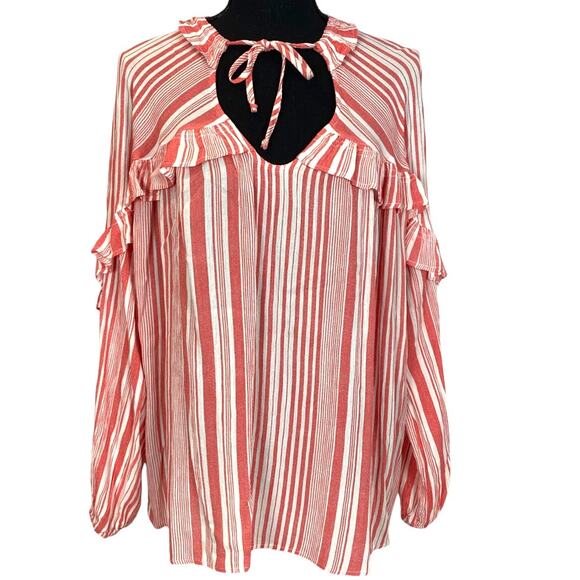 Desray cotton red striped blouse casual ruffled top size 42 - Picture 1 of 7